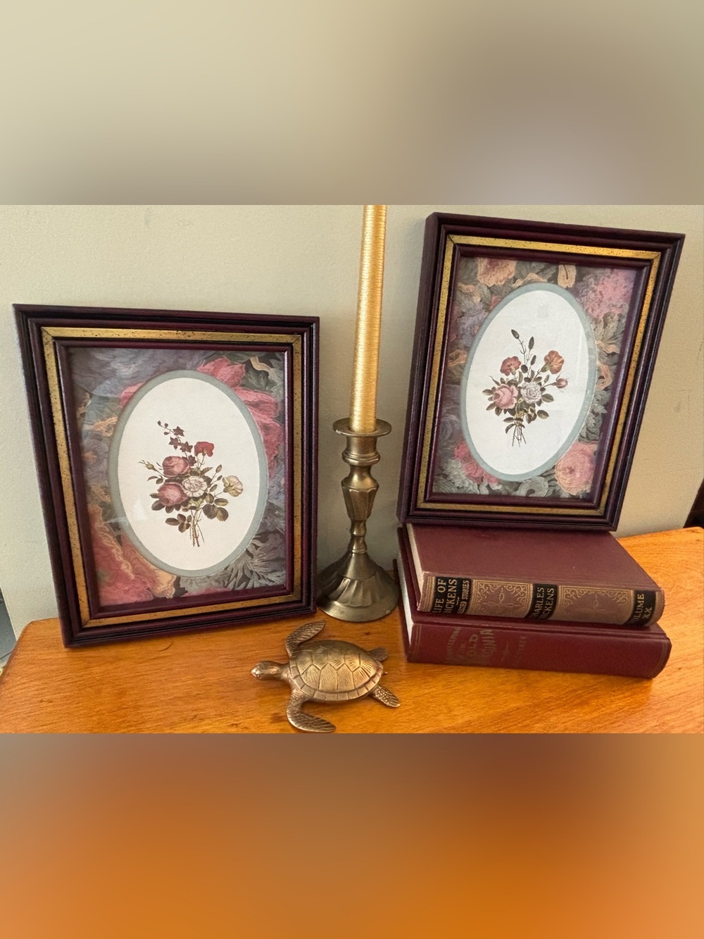 Vintage Home Interiors Set of 2 Victorian-Style Floral Pictures with Burgundy an